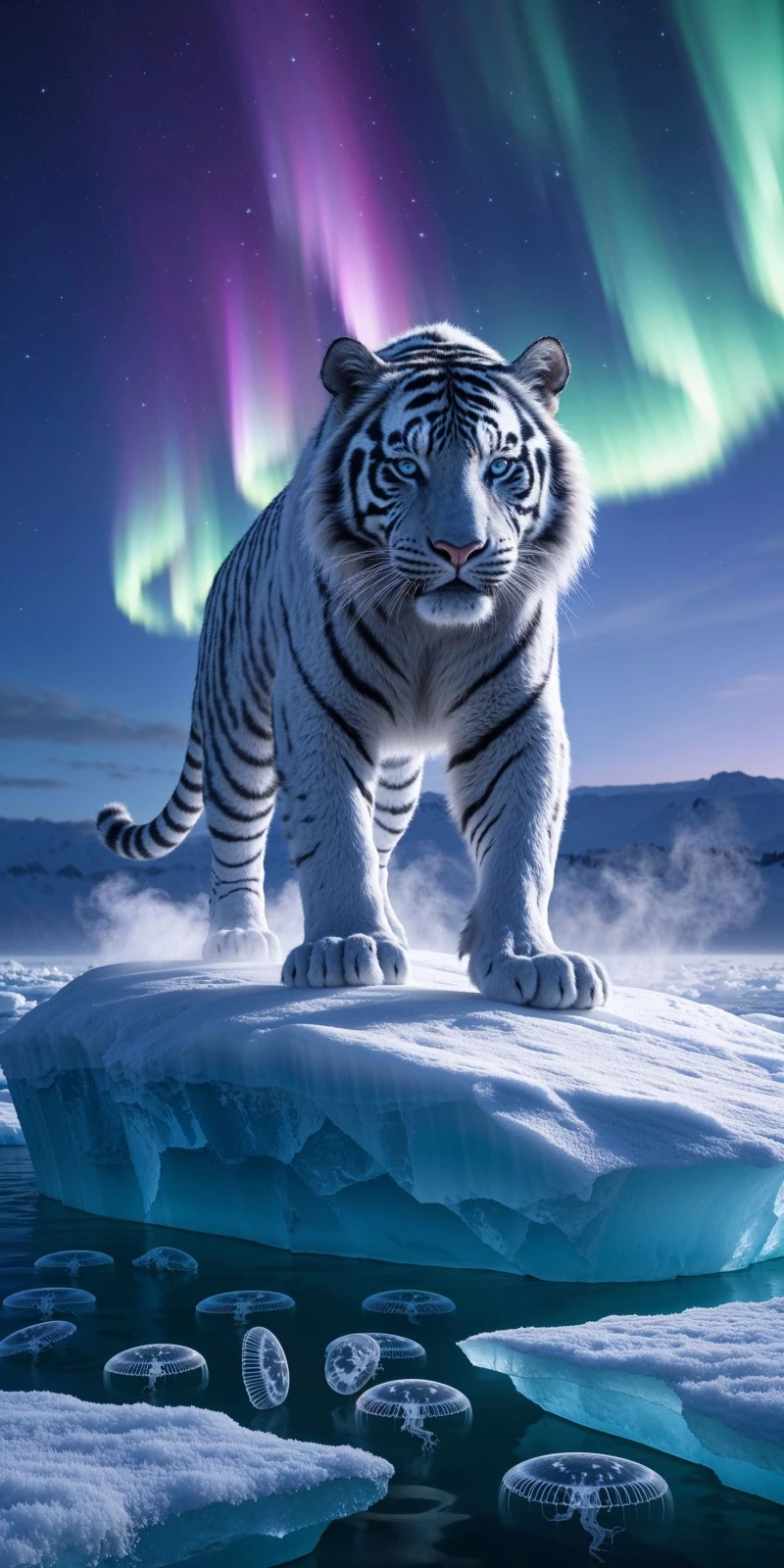 Majestic White Tiger Under the Aurora Borealis 4K Mobile Wallpaper