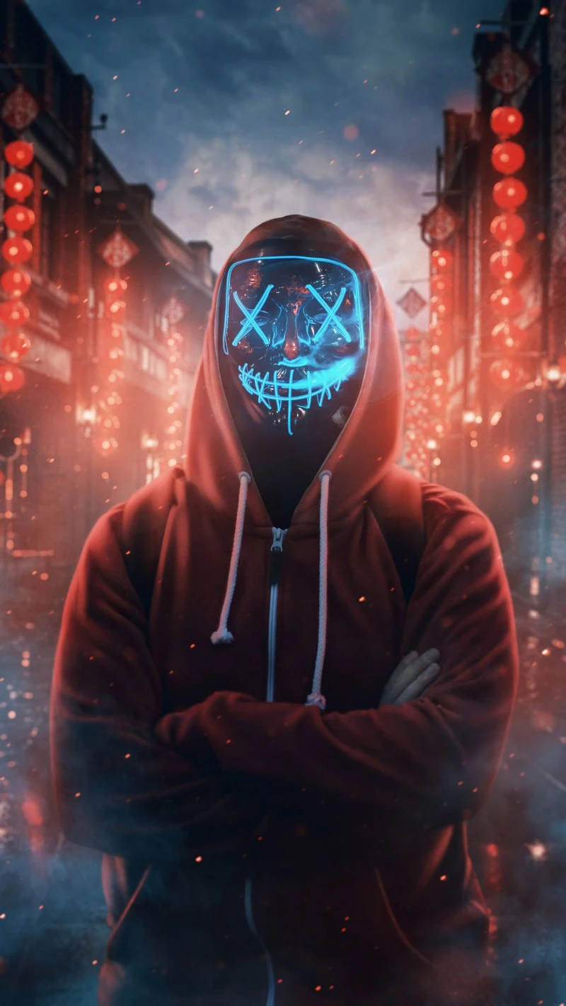 Neon Masked Figure in City 4K Mobile Wallpaper