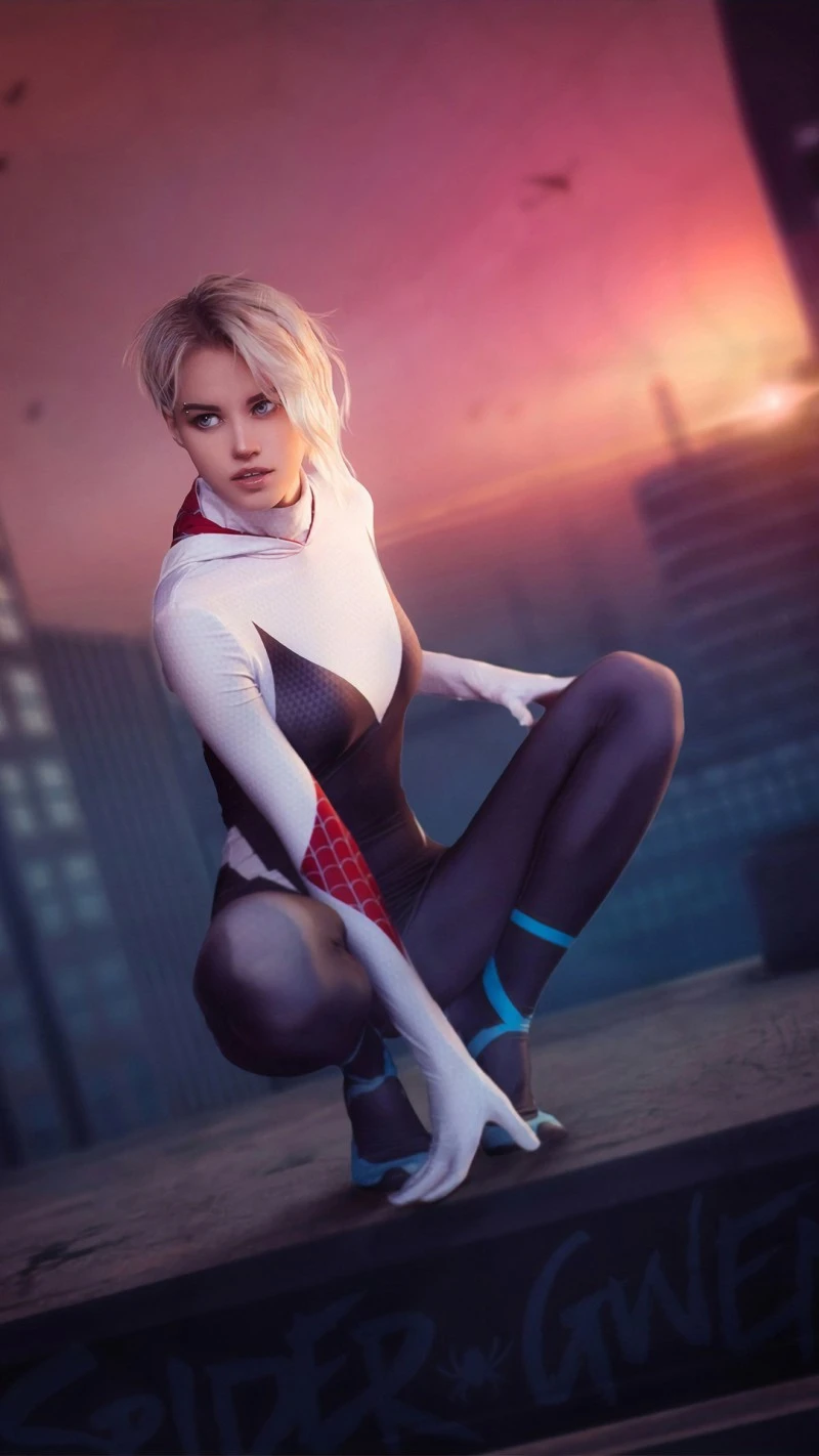 Spider-Gwen Cosplay at Sunset 4K Mobile Wallpaper