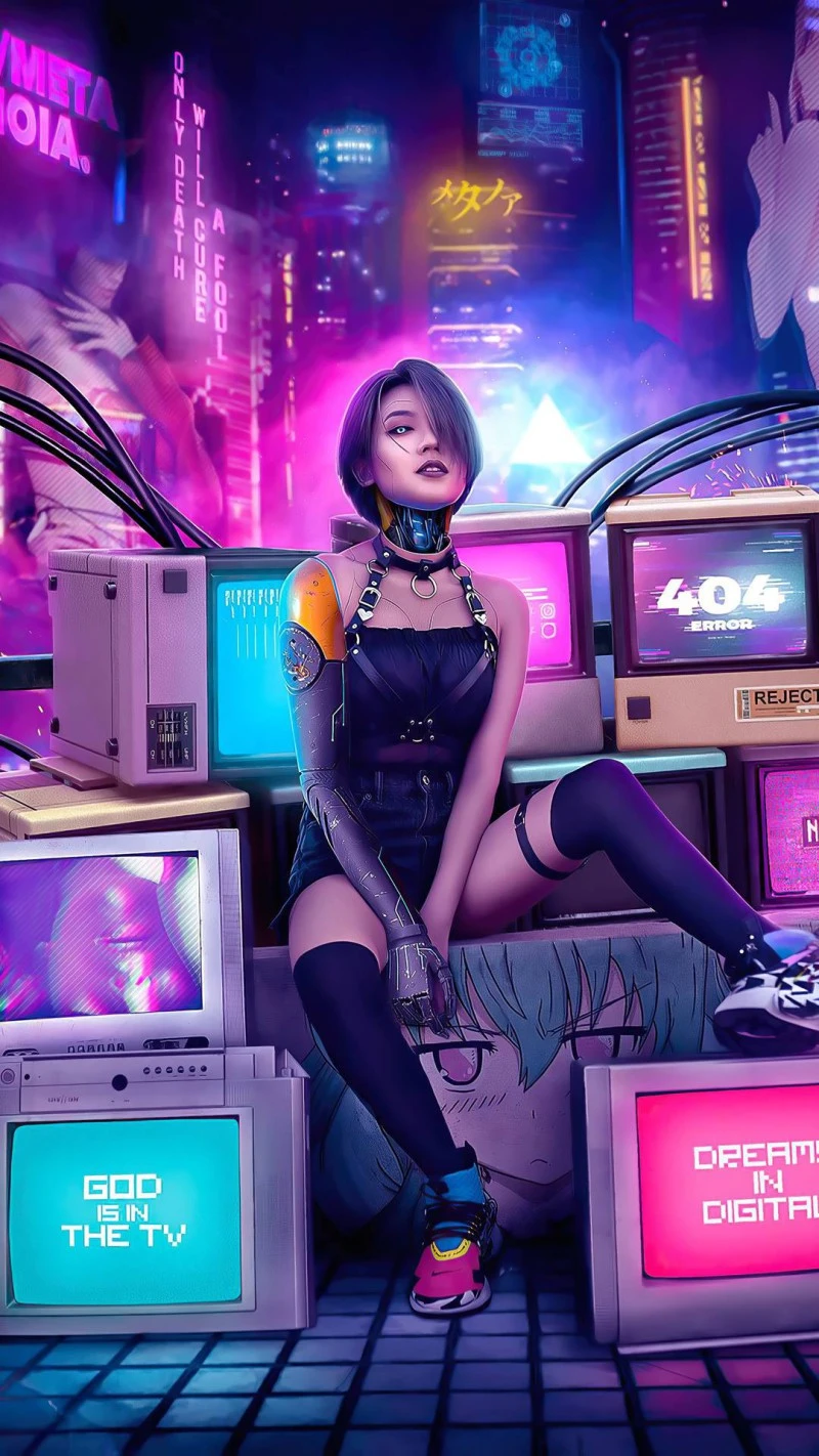 Cyberpunk Girl in a Glitch World 4K Mobile Wallpaper
